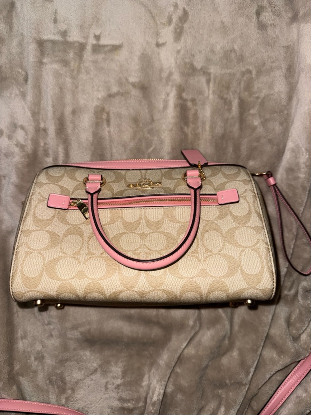 Coach Rowan Satchel in pink and tan with the “C” print.